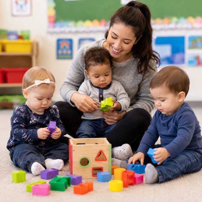 Caregiver with infants playing with blocks